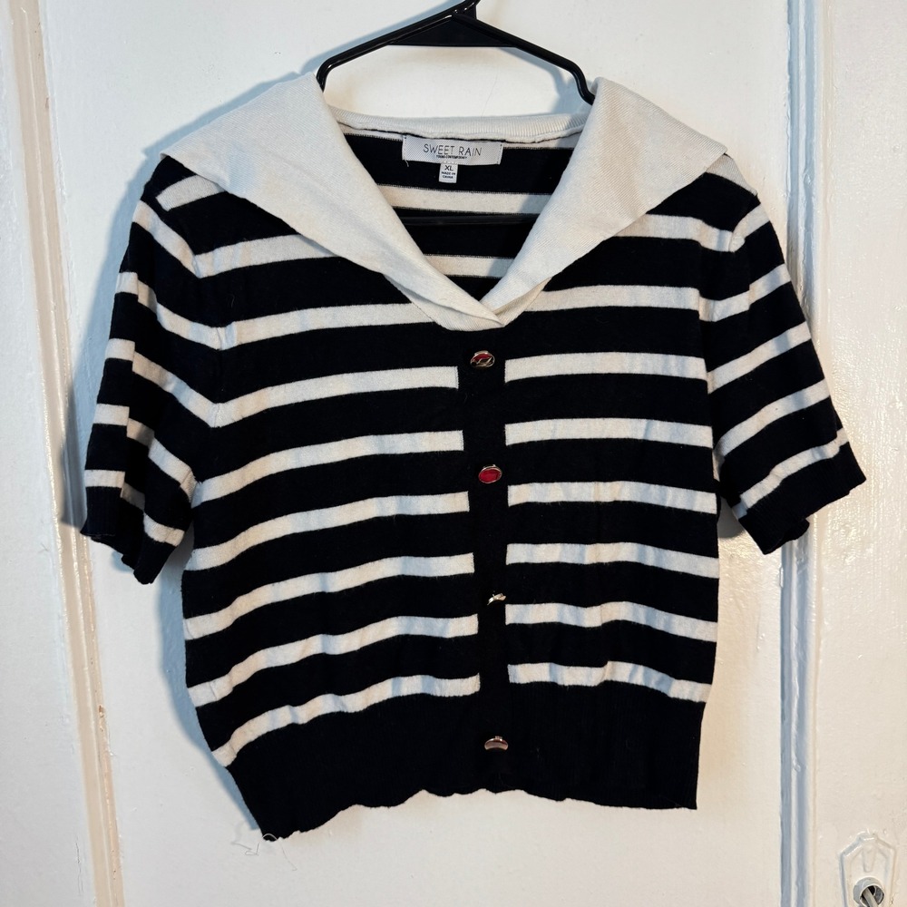 Sweet Rain Nautical Striped Sailor Knit Top Black White XL Preppy Collegiate‎